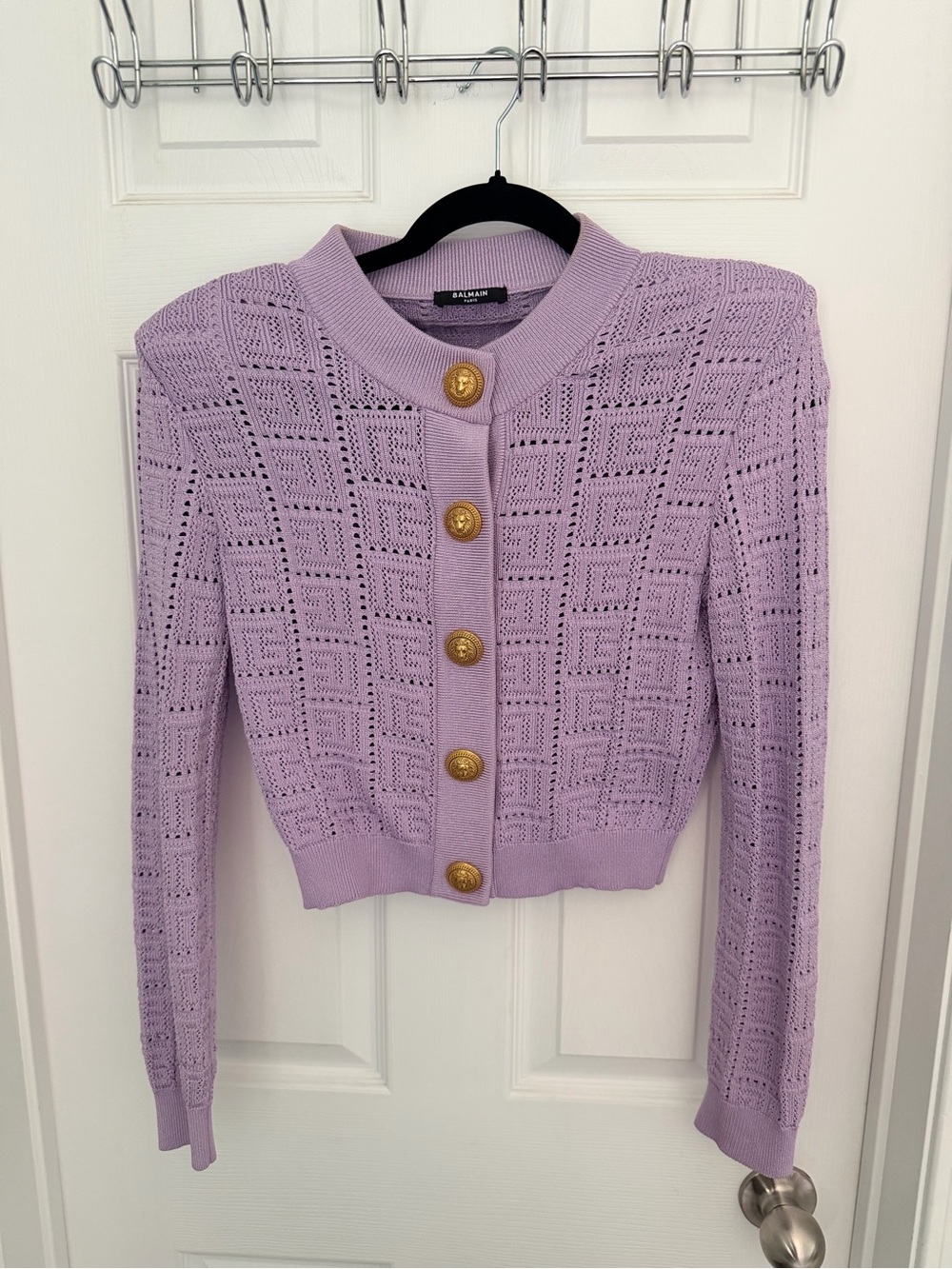 Balmain Lavender Openwork Knit Cropped Cardigan with Gold Buttons